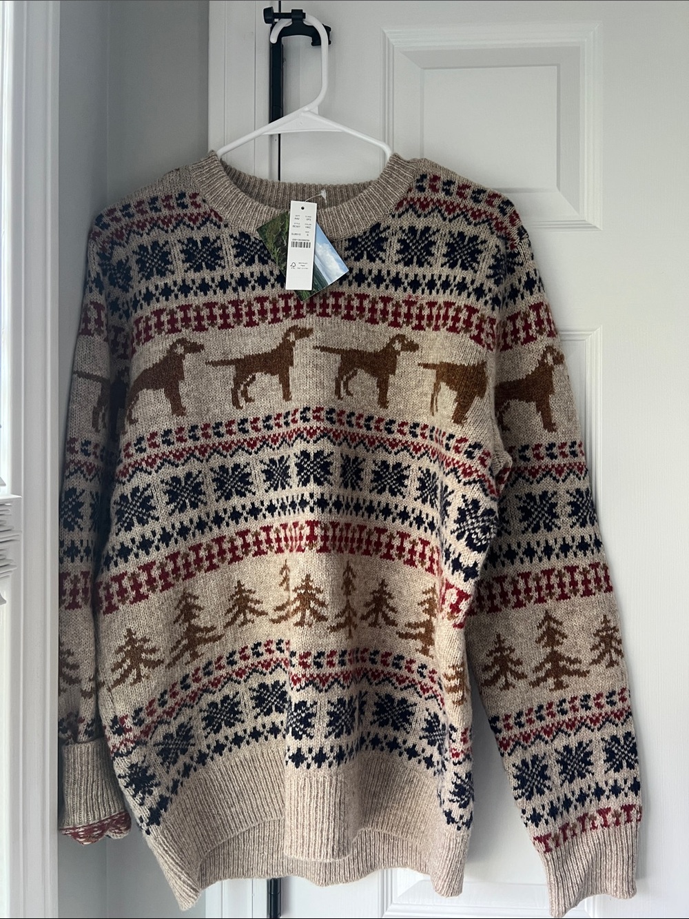 J. Crew Beige Crewneck Sweater with Red, Navy and Brown Motif
